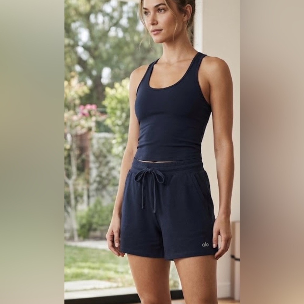 ALO Navy Blue Sweat Shorts Women's Knit Activewear Drawstring Pockets